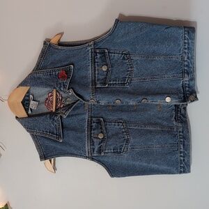 Vintage Adriana Sport Rose Embroidered Denim Jean Jacket Vest